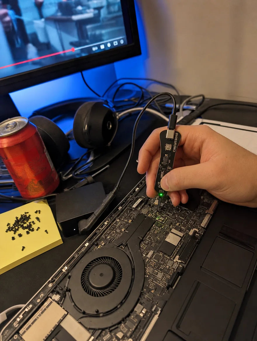 Photo client : sonde CircuitSense sur la carte mère d'un PC portable gamer ouvert sur un bureau