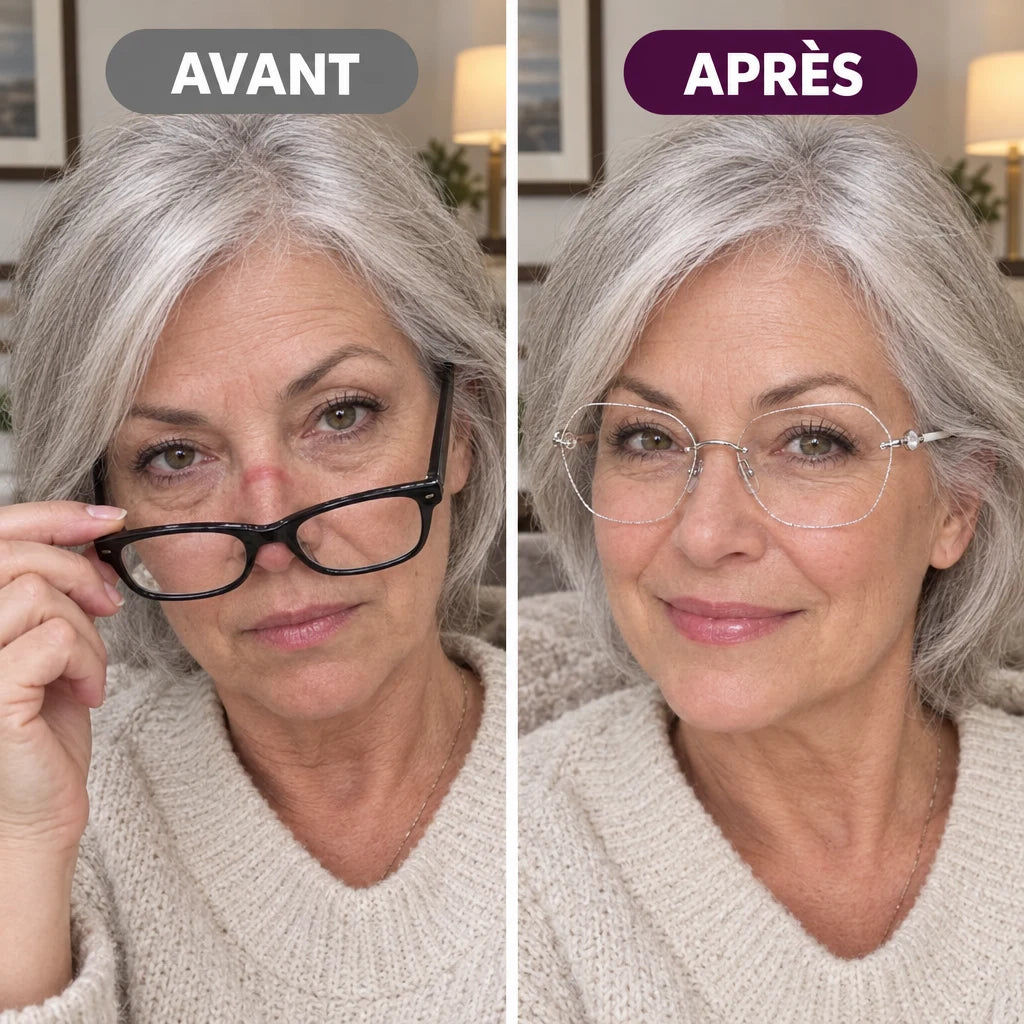 Avant et après : loupes de pharmacie lourdes contre ChicVision argent sans marque