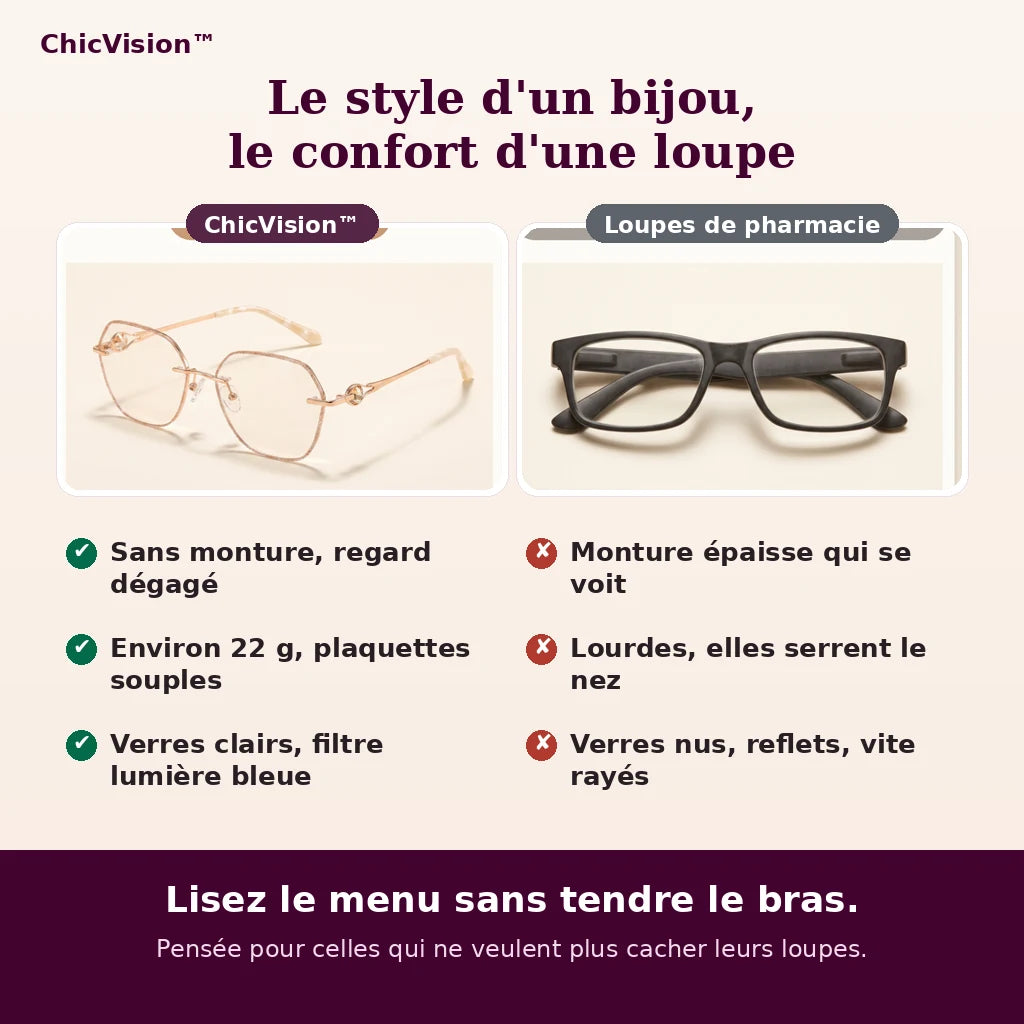 ChicVision comparé aux loupes de pharmacie : sans monture, 22 g, verres clairs