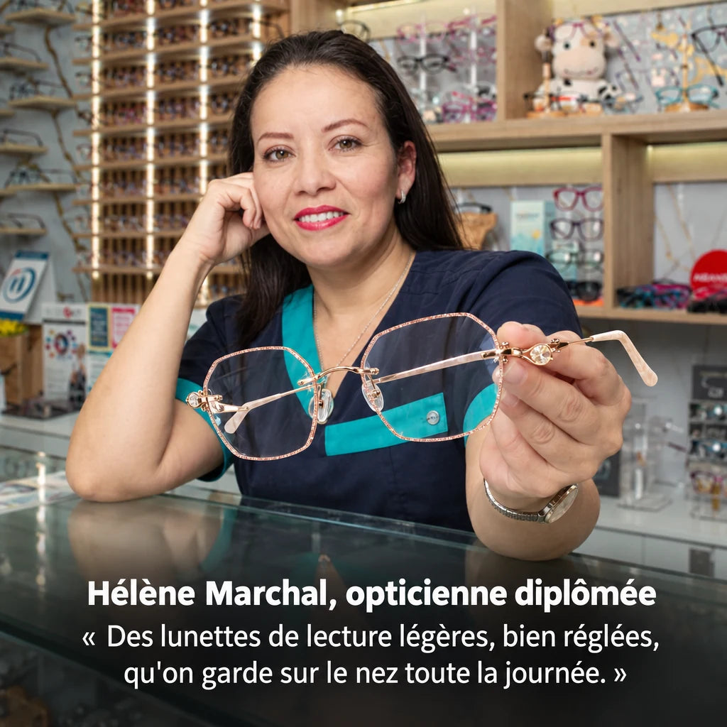 Hélène Marchal, opticienne diplômée, avec les lunettes de lecture ChicVision