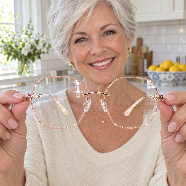 Cliente tenant les lunettes ChicVision or dans sa cuisine