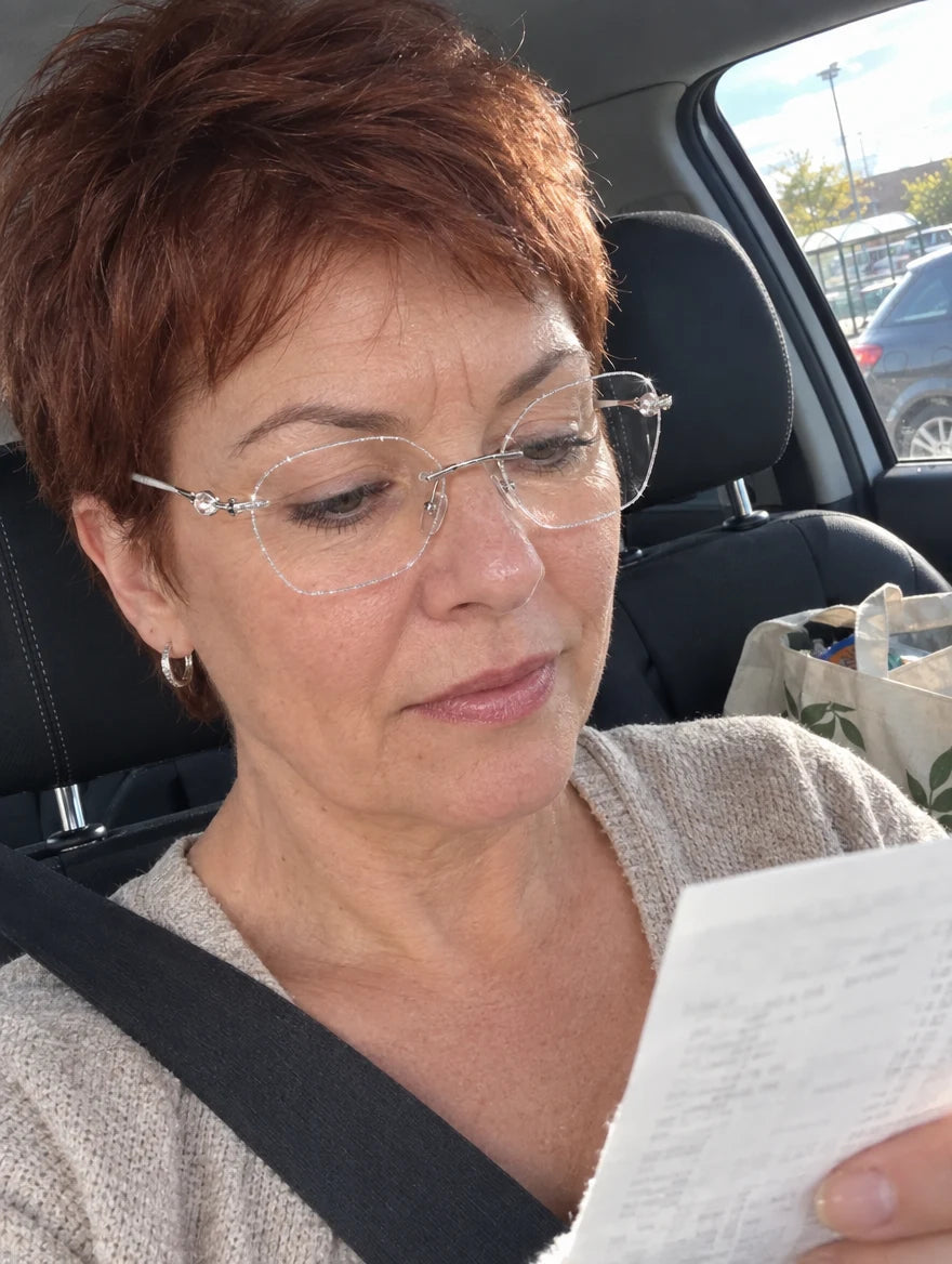 Photo cliente : dans sa voiture avec les lunettes de lecture ChicVision argent