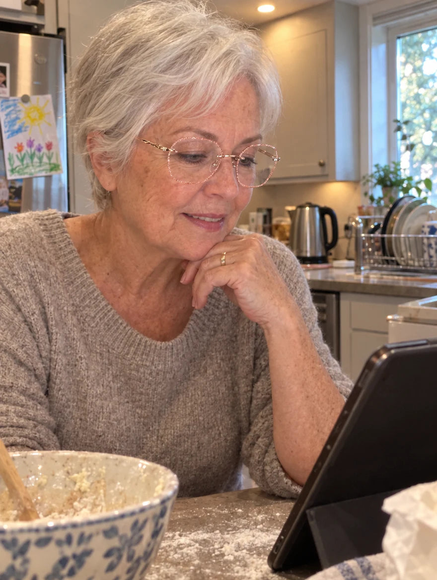 Photo cliente : dans sa cuisine avec les lunettes de lecture ChicVision or