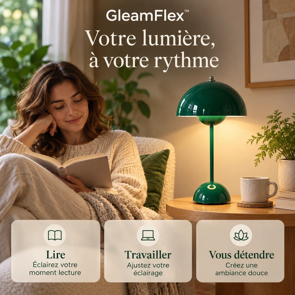 -50 % · OFFRE LIMITÉE · GleamFlex™ · Lampe de table LED élégante à intensité réglable