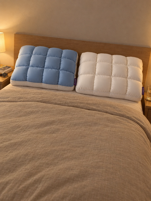 Photo cliente : un DreamPuff bleu bébé et un blanc côte à côte sur le lit