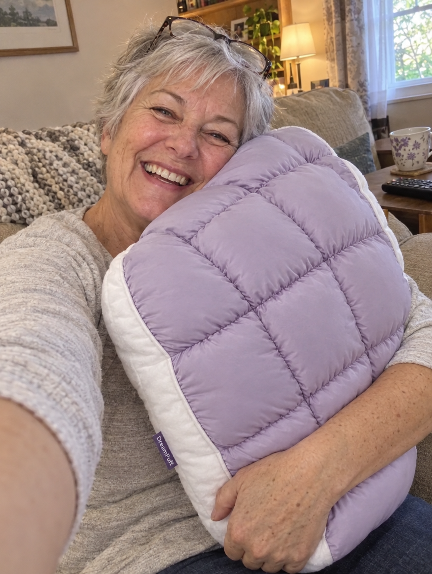 Photo cliente : selfie sur le canapé avec DreamPuff lavande