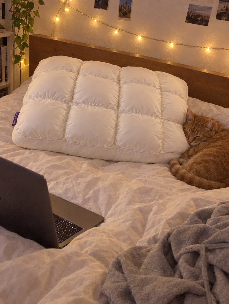 Photo cliente : DreamPuff blanc sur le lit, le chat endormi contre lui