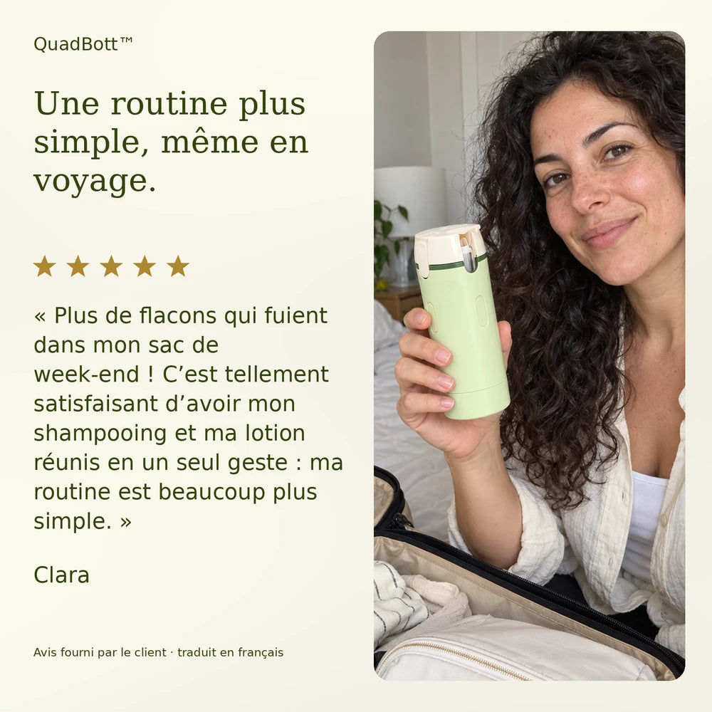 1+1 OFFERT · AUJOURD'HUI · QuadBott™ · 4-en-1 Flacons de voyage