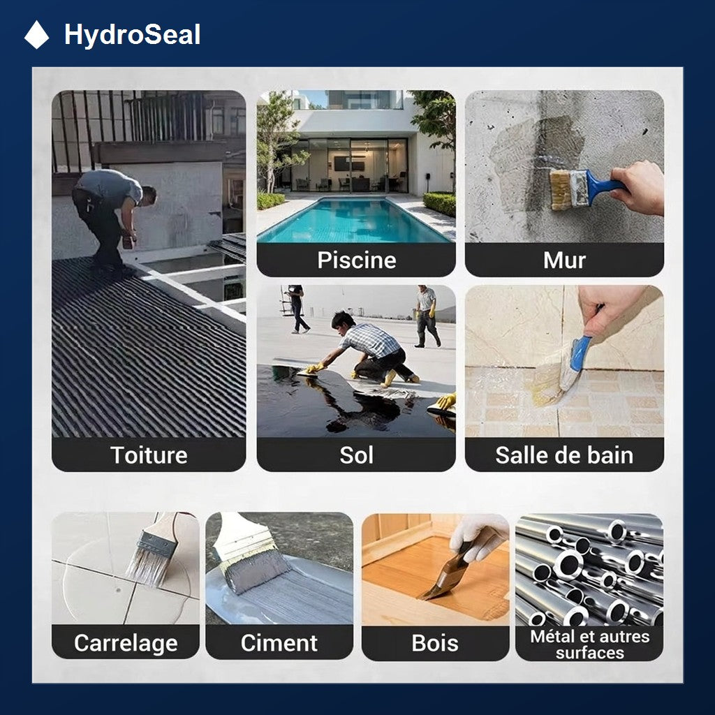 HydroSeal fonctionne sur toiture, piscine, mur, sol, salle de bain, carrelage, ciment, bois et metal