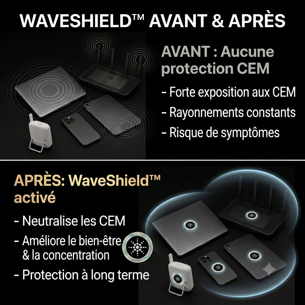 3+3 OFFERT · AUJOURD'HUI · WaveShield™ · Autocollants EMF