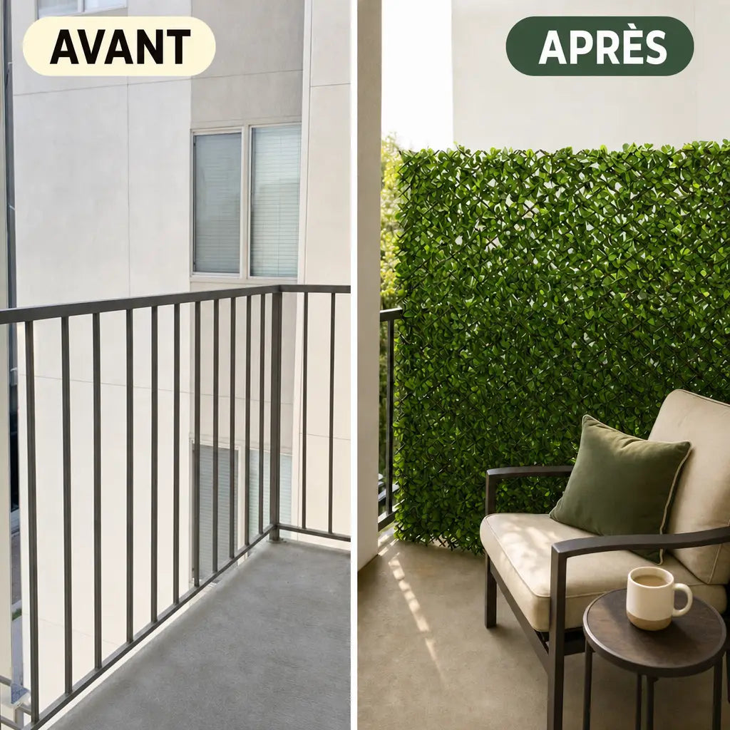Avant apres: balustrade de balcon nue devient un ecran vegetal
