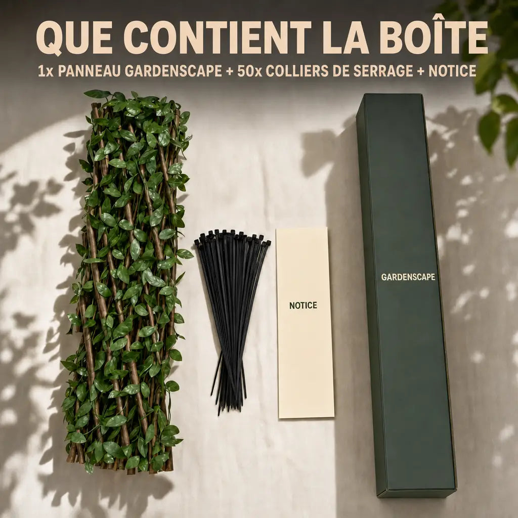 Que contient la boite: panneau Gardenscape, 50 colliers de serrage et notice