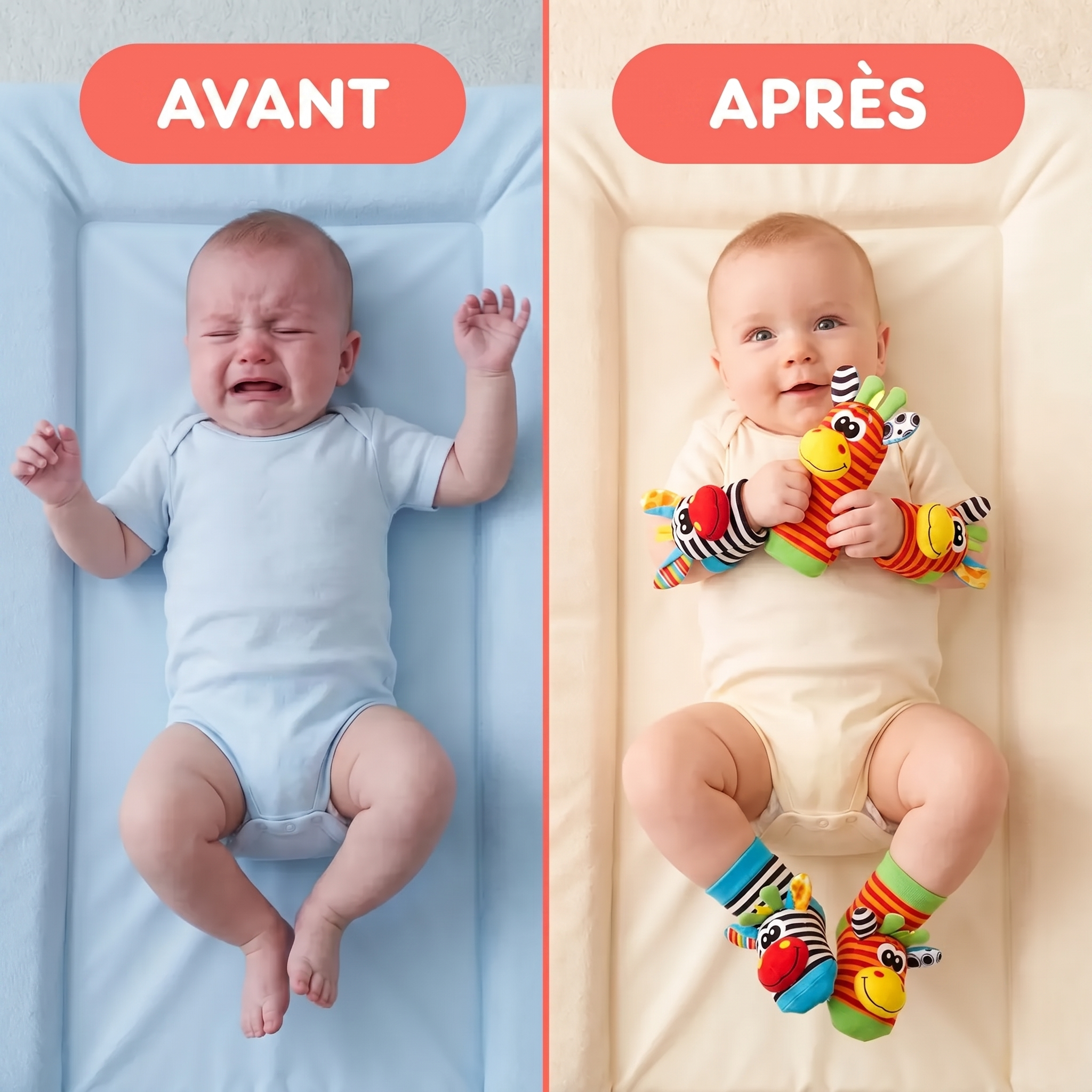 Avant et après avec RattlePals sur la table à langer