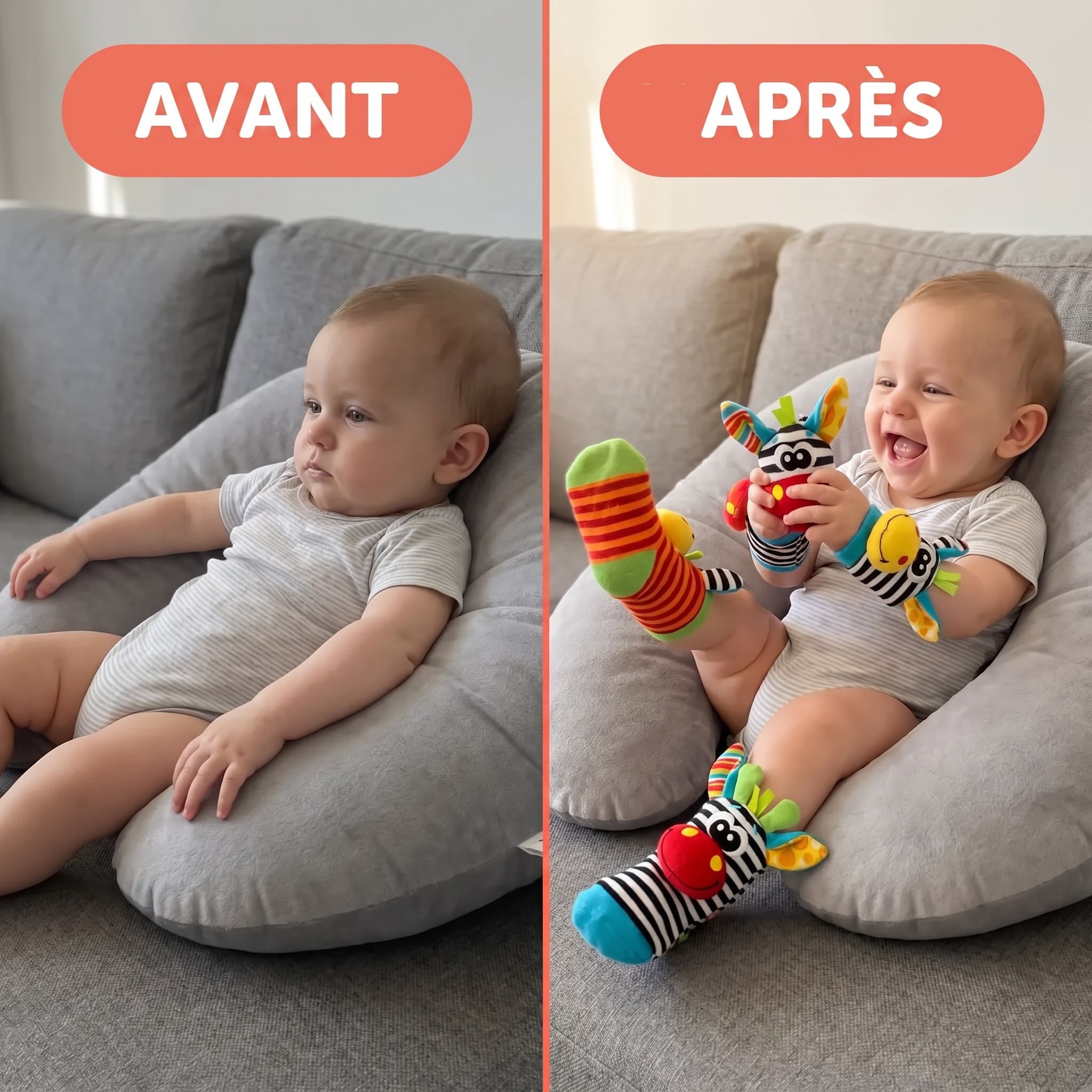 Avant et après avec RattlePals sur le canapé