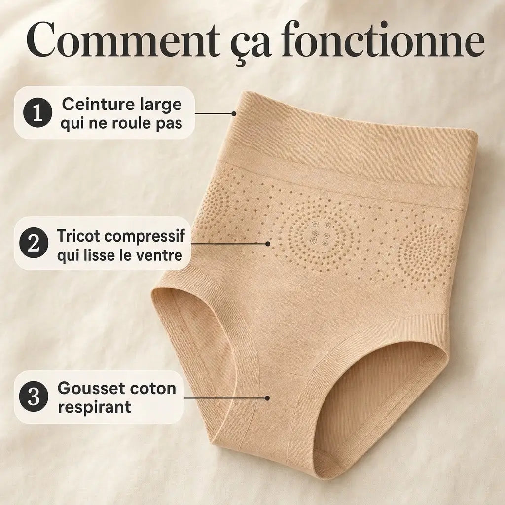 Comment fonctionne la Slim&Tone, ceinture large, tricot compressif, gousset coton