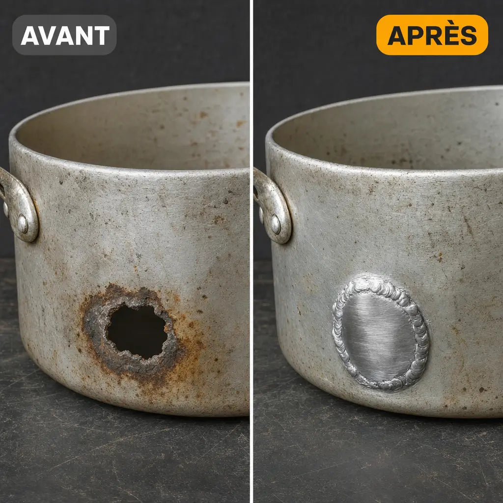 Avant et apres, casserole en aluminium percee puis reparee