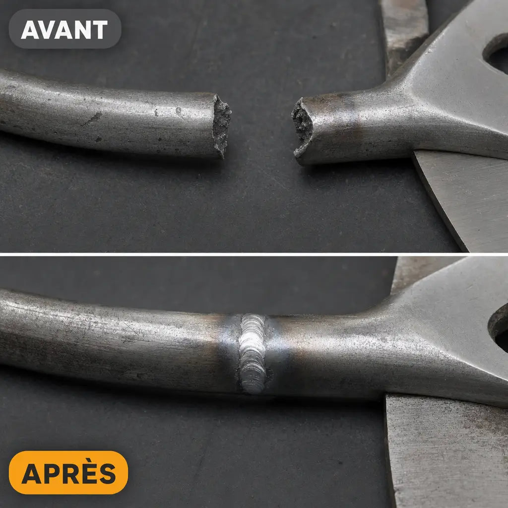 Avant et apres, manche de cisaille casse puis ressoude