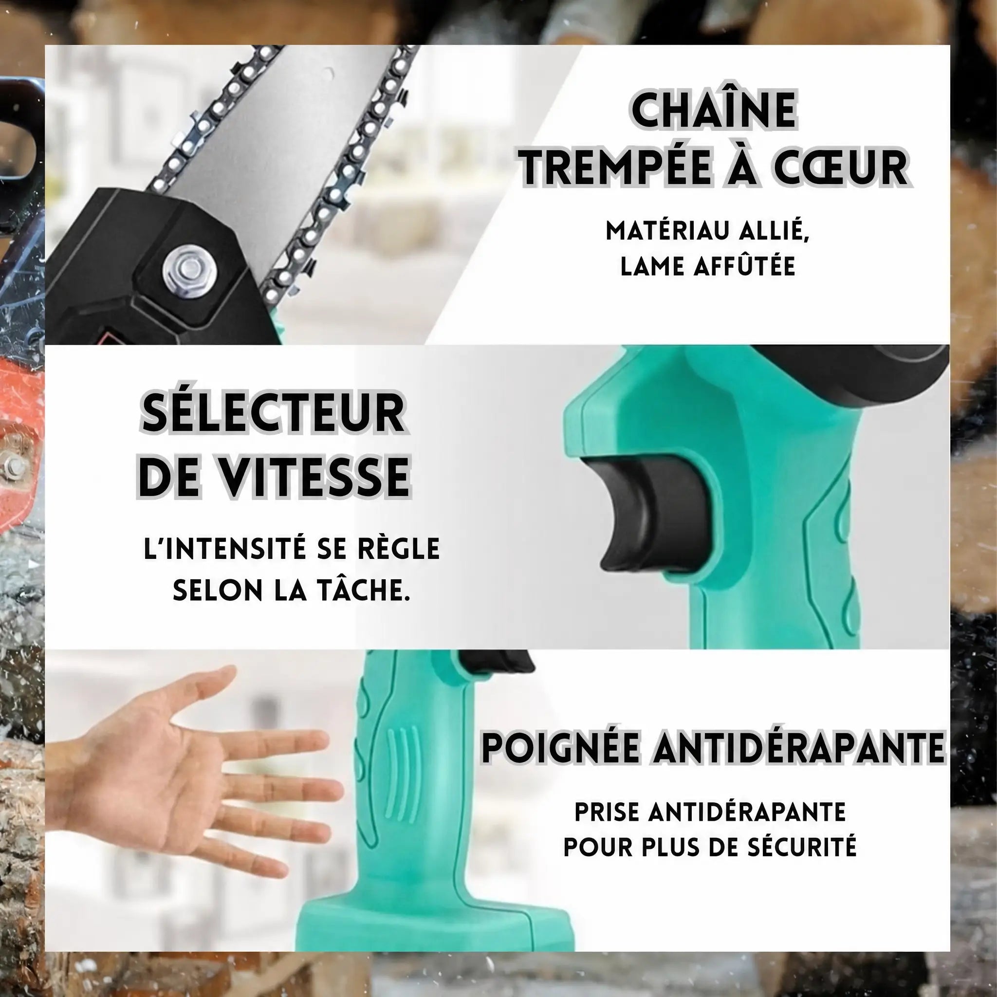 Chaîne trempée, sélecteur de vitesse, poignée antidérapante