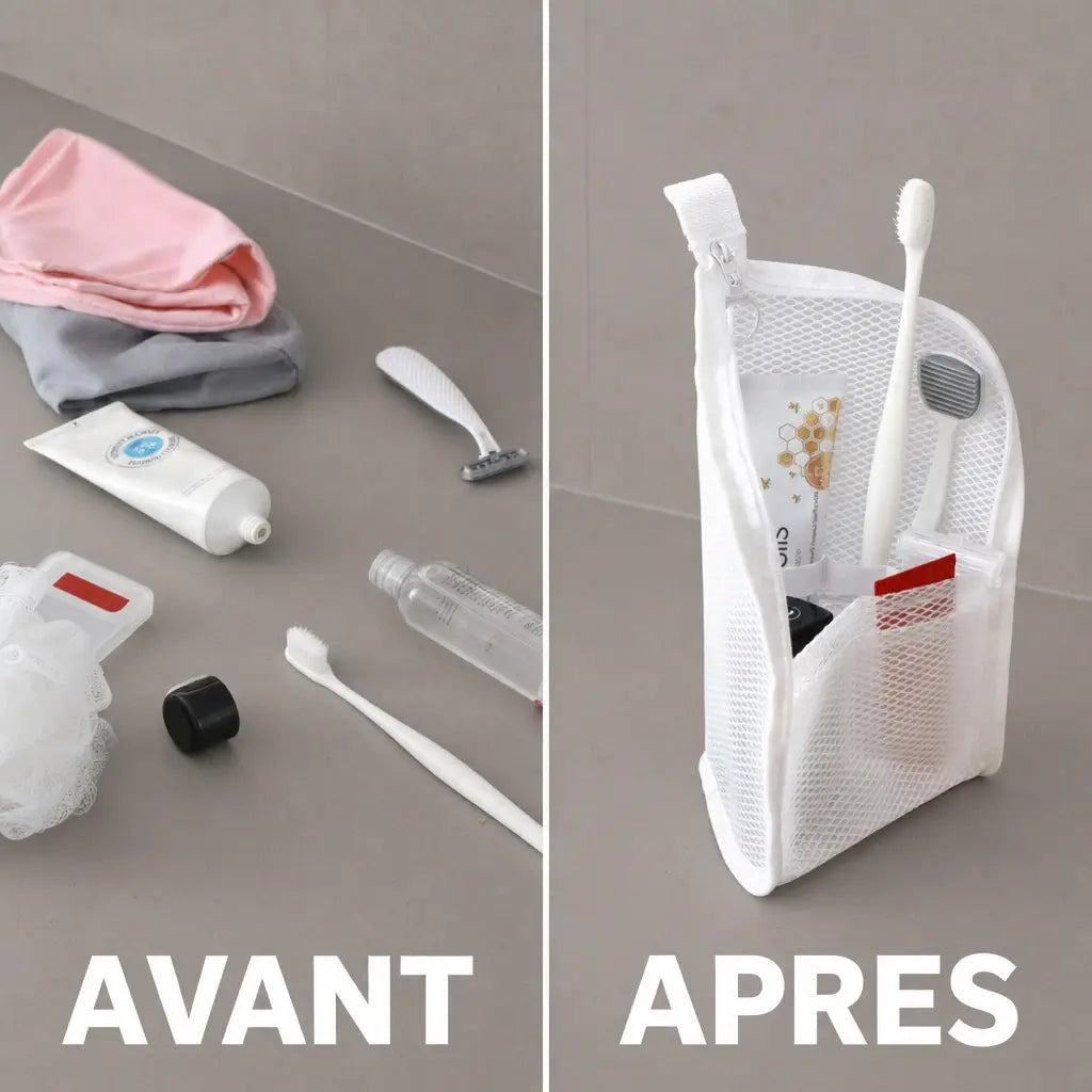 Avant et apres : plan de salle de bain en desordre puis range avec TravelPouch