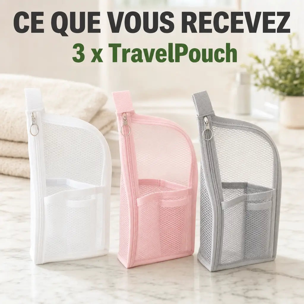 Ce que vous recevez : 3 TravelPouch en blanc, rose et gris