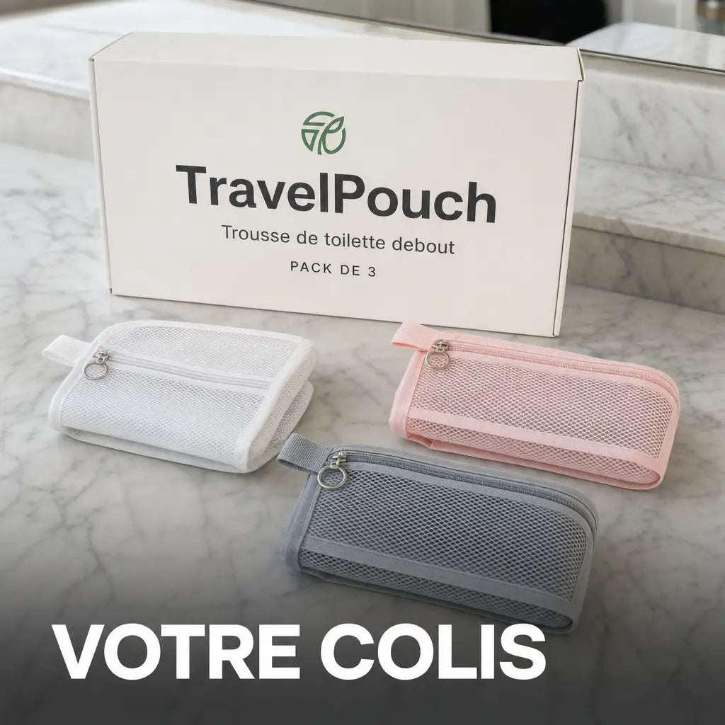 Coffret TravelPouch de 3 trousses et les trois trousses pliees