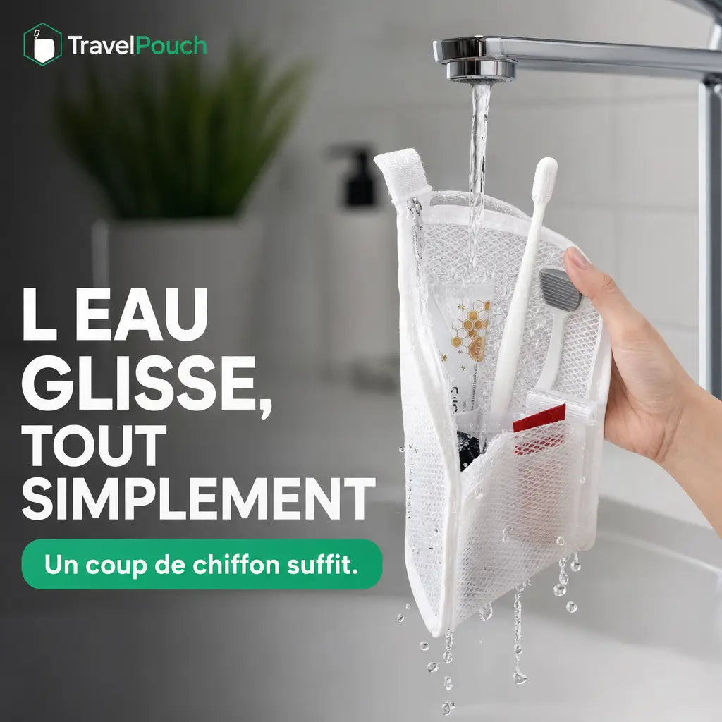 L eau glisse sur le filet EVA deperlant de la TravelPouch