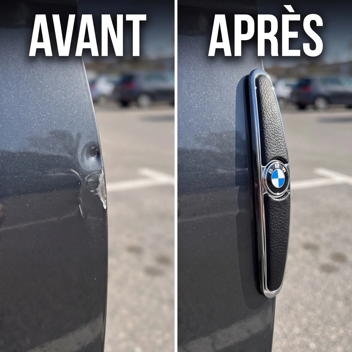 Avant et apres : arete de portiere enfoncee puis protegee par le DentDefender