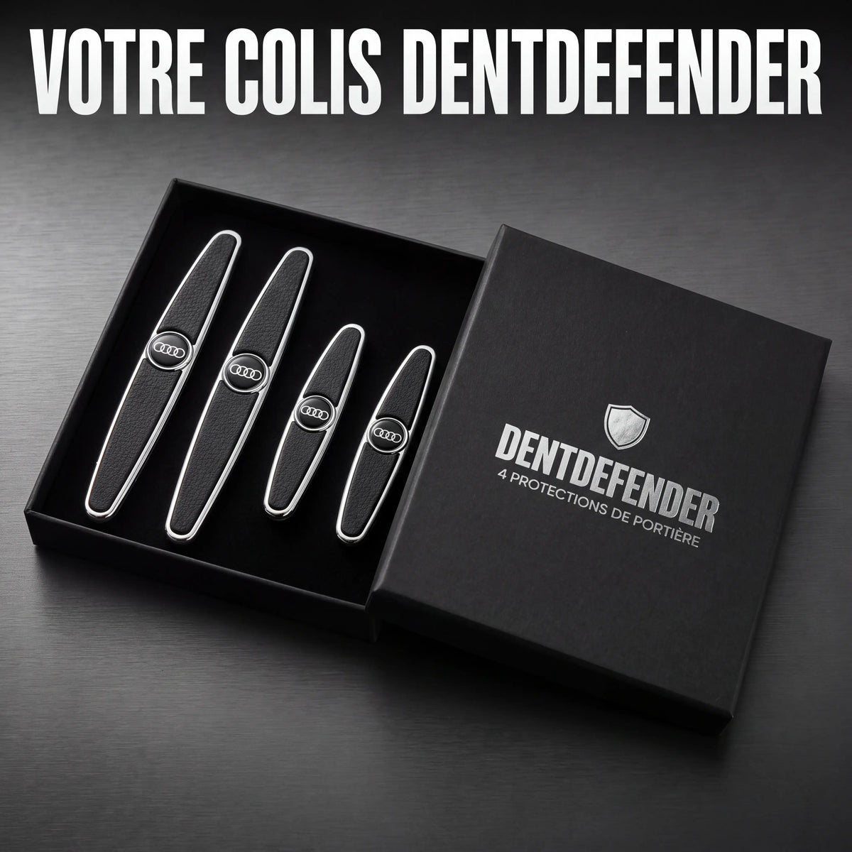 Votre colis DentDefender : coffret noir avec 4 protections de portiere, 2 longues et 2 courtes