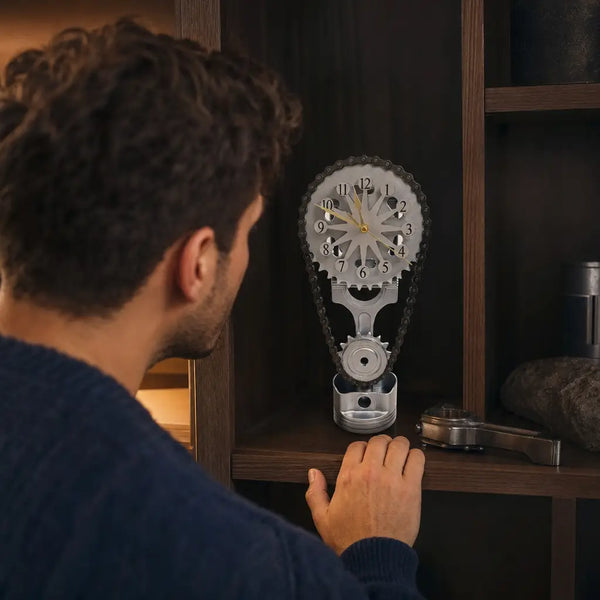 Un invité se penche pour regarder de près l'horloge TimeForge sur une étagère