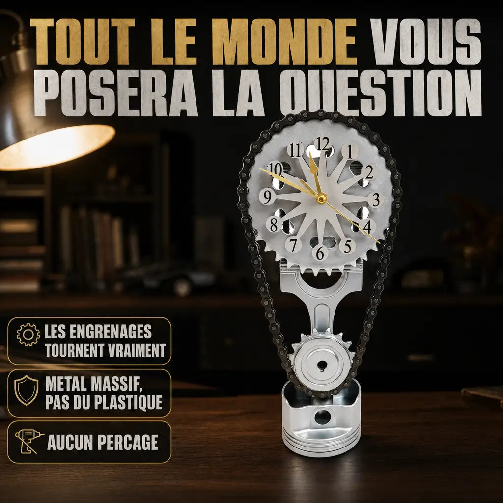 Horloge TimeForge sur un bureau en noyer, la pièce dont tout le monde parle