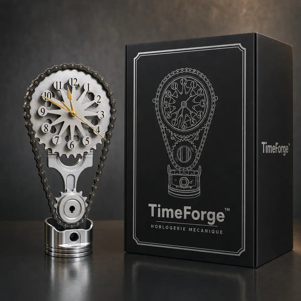 L'horloge TimeForge à côté de son coffret noir de marque