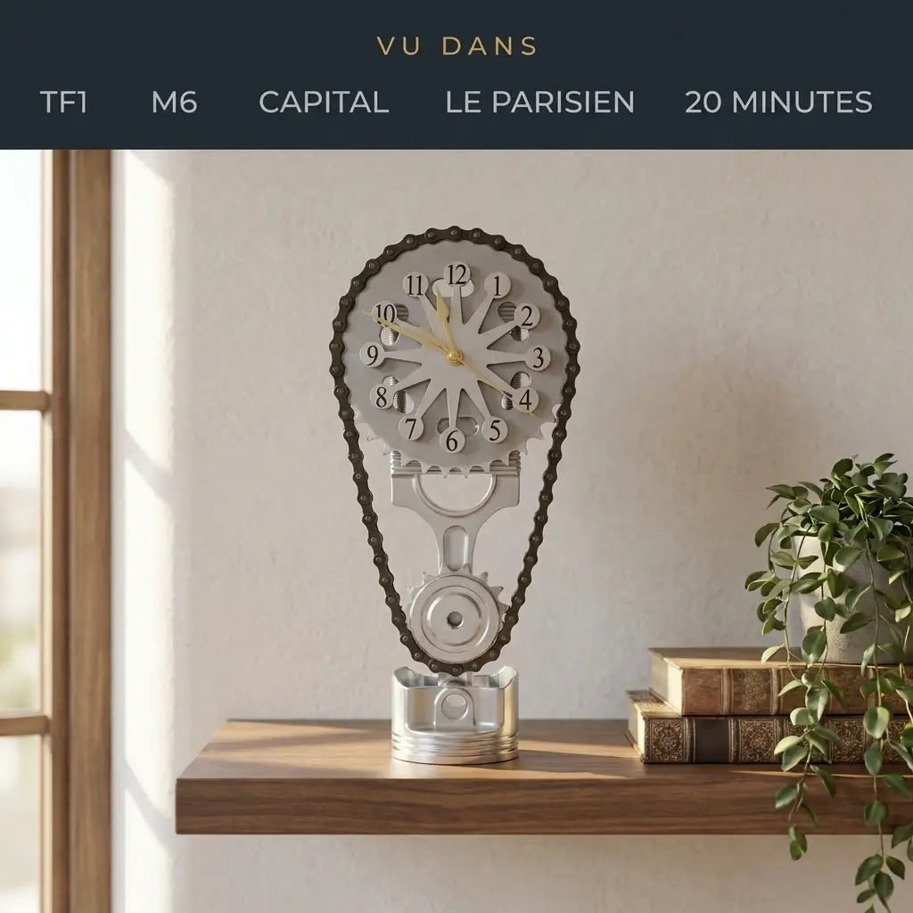 L'horloge TimeForge sur une étagère de salon, vue dans la presse