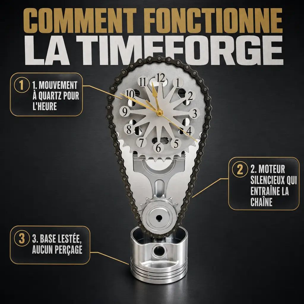 Comment fonctionne la TimeForge: mouvement à quartz, moteur silencieux, base lestée