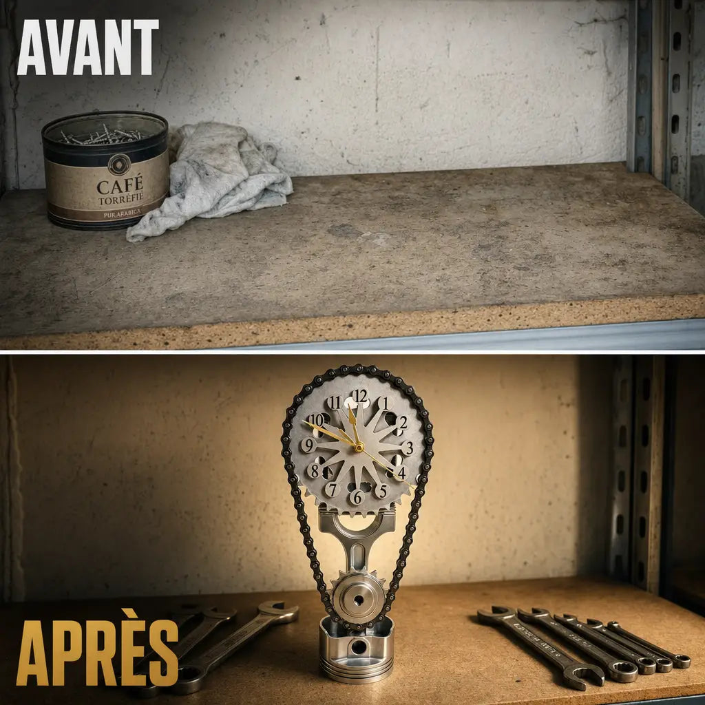 Avant et après: une étagère de garage vide puis la même avec la TimeForge