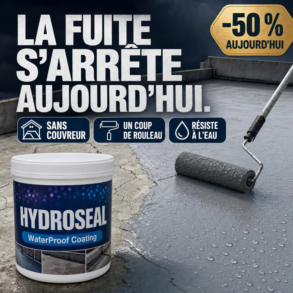 HydroSeal applique au rouleau sur une terrasse beton fissuree, la fuite s'arrete aujourd'hui
