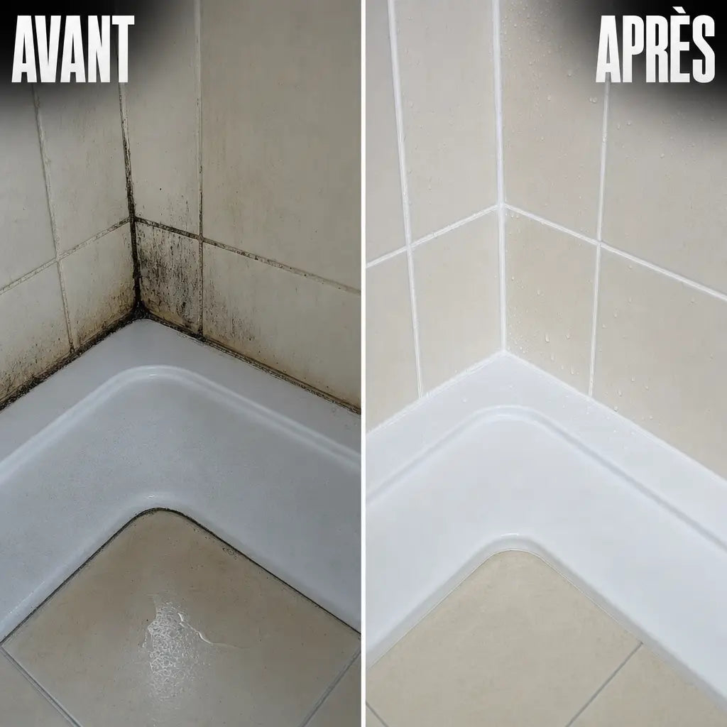 Avant et apres, un angle de douche moisi redevenu propre et sec avec HydroSeal