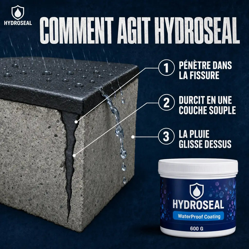 Comment agit HydroSeal, il penetre dans la fissure, durcit en une couche souple et la pluie glisse dessus