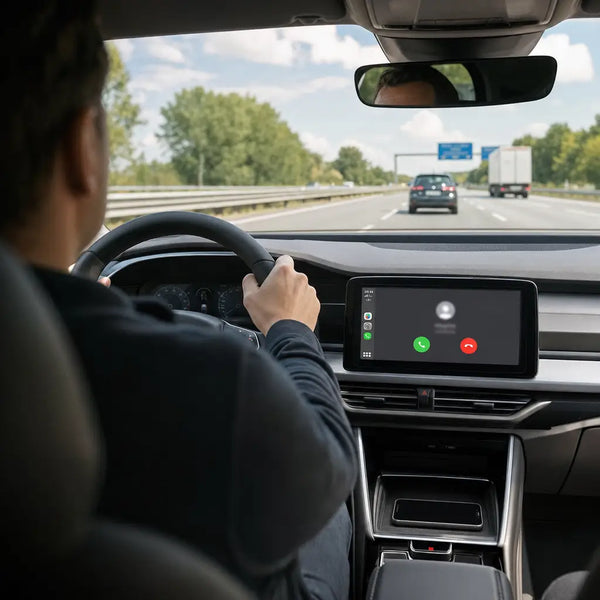 Conducteur les deux mains sur le volant, appel sur l ecran