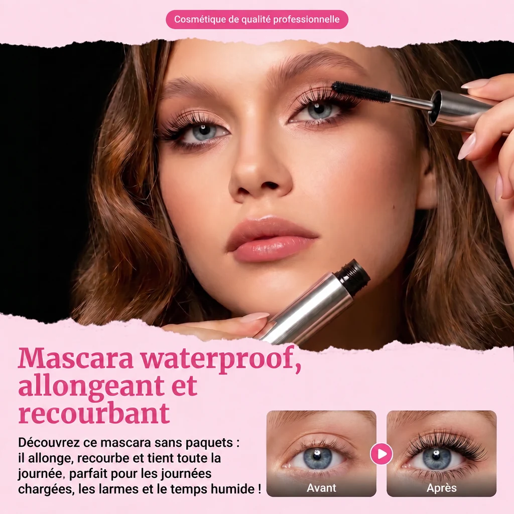 Mascara LashLift waterproof, allongeant et recourbant, avant et après