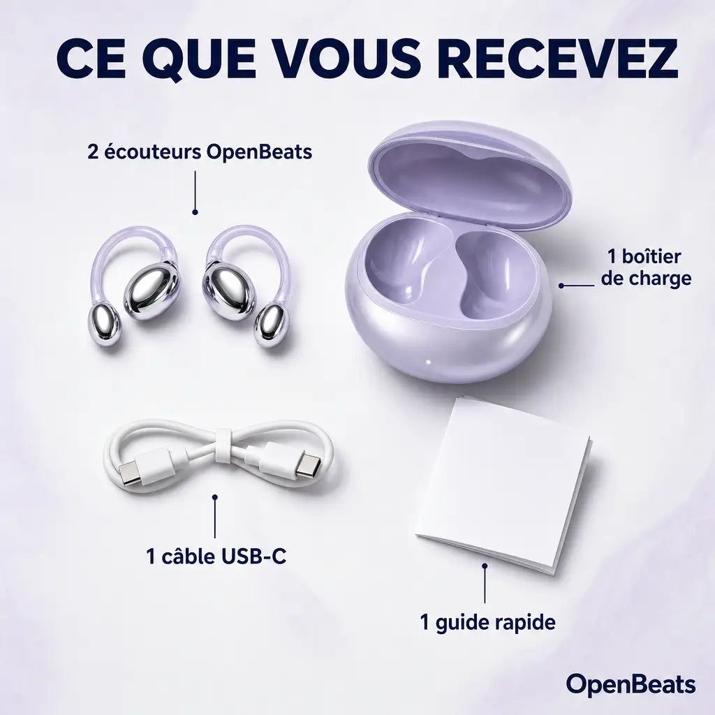 Ce que vous recevez : 2 écouteurs OpenBeats, 1 boîtier de charge, 1 câble USB-C, 1 guide rapide
