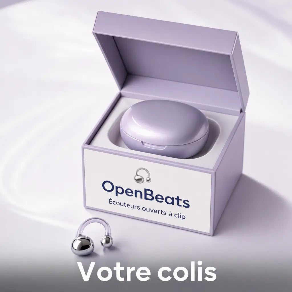 Votre colis OpenBeats : boîte avec le boîtier de charge et les écouteurs à clip