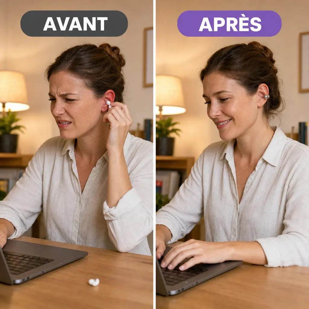 Avant et après : oreille douloureuse avec un intra, puis confort avec le clip OpenBeats au bureau