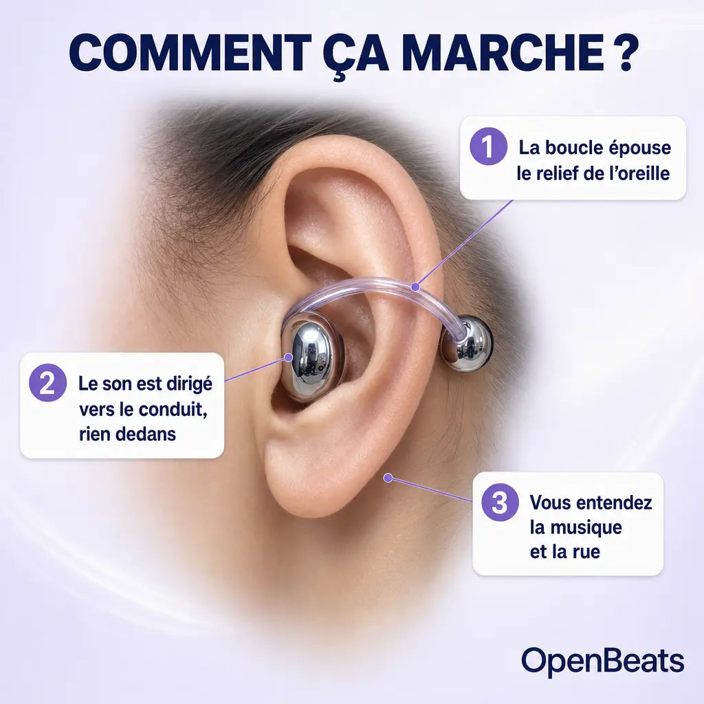 Comment ça marche : la boucle OpenBeats épouse le relief de l’oreille, rien dans le conduit