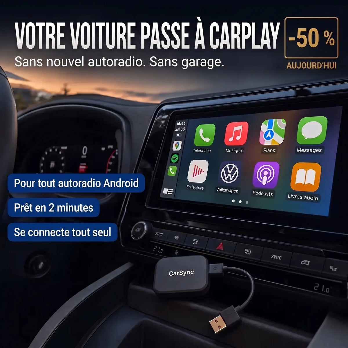 Adaptateur CarPlay CarSync en voiture avec badge moins 50 pour cent