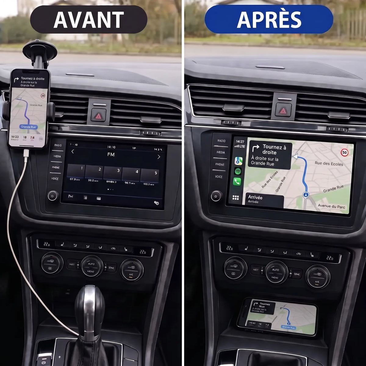 Avant apres: support telephone et navigation sur l ecran integre