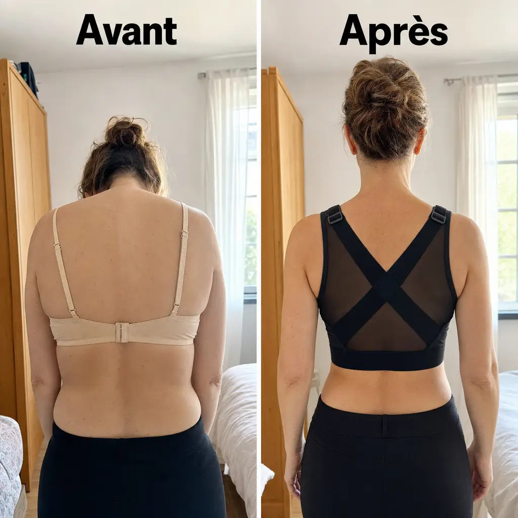 Avant apres PostureBra vu de dos, epaules ramenees en arriere