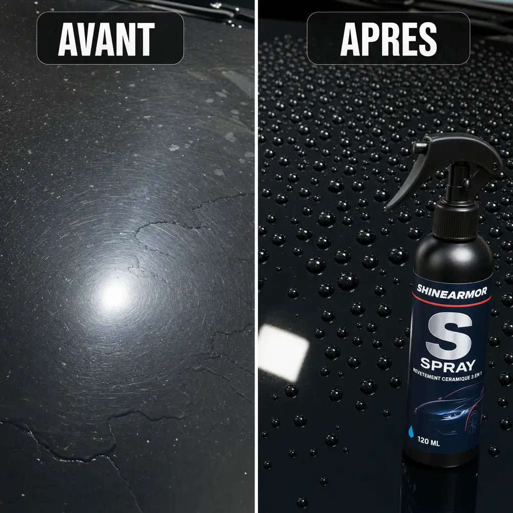 Avant / après : micro-rayures et voile terne, puis vernis miroir avec l'eau qui perle