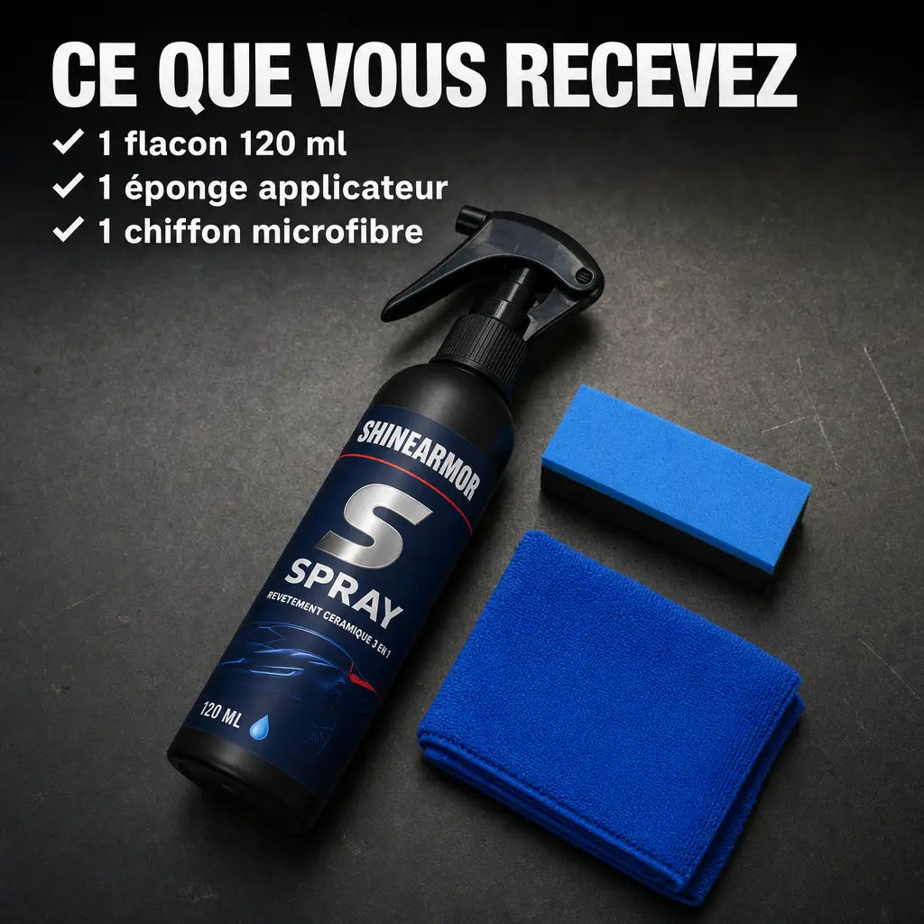Ce que vous recevez : 1 flacon 120 ml, 1 éponge applicateur, 1 chiffon microfibre