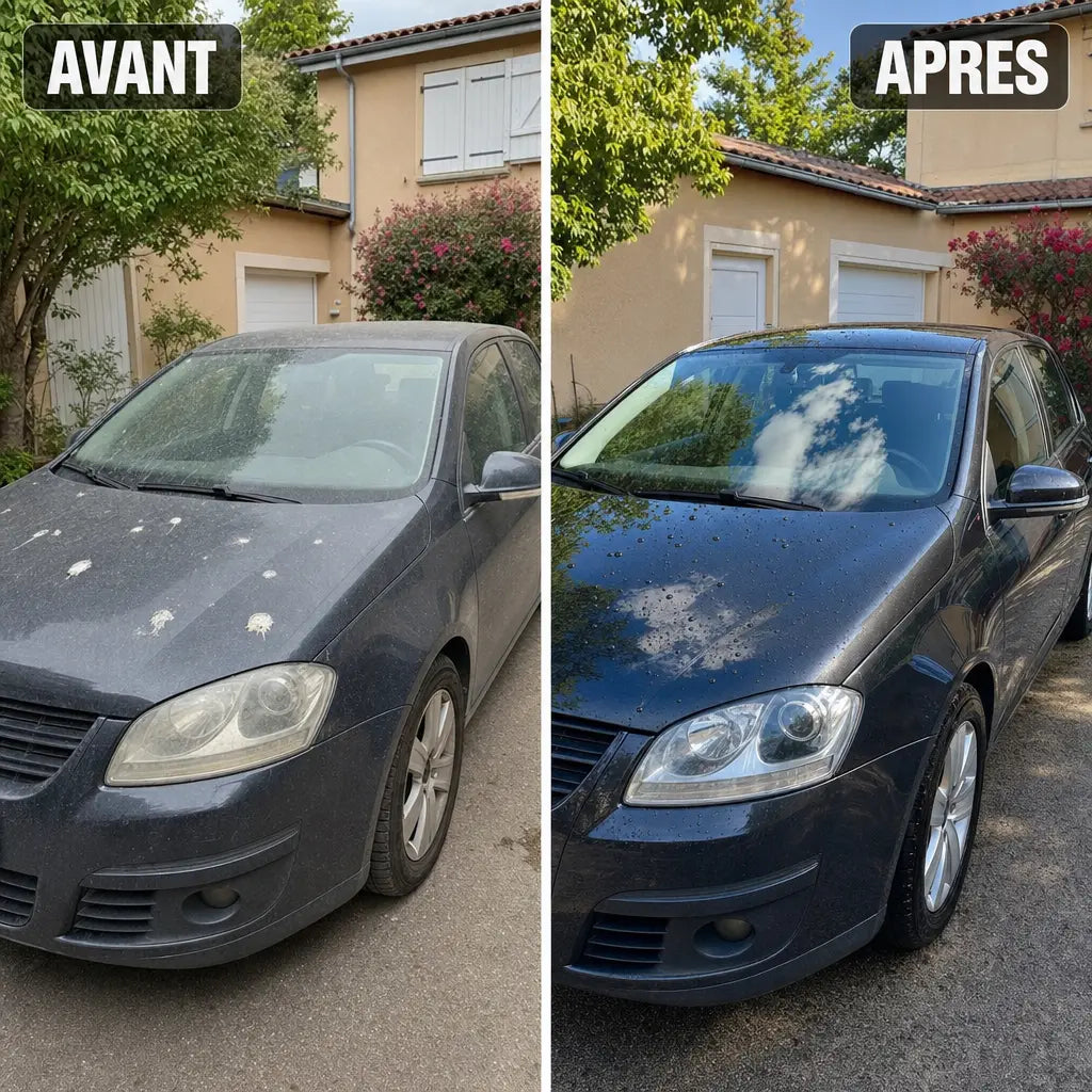 Avant / après dans l'allée : vernis terne et fientes, puis carrosserie miroir avec la pluie qui perle