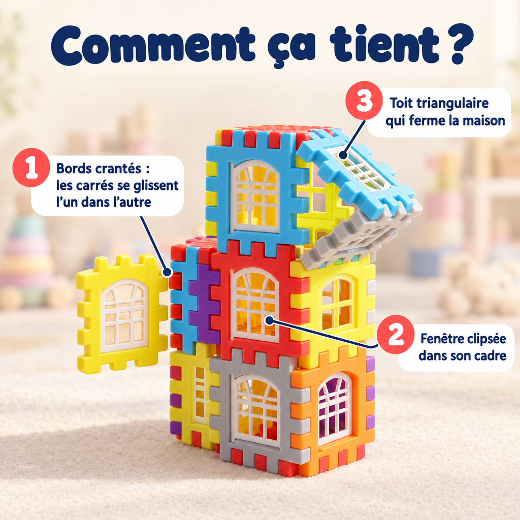 Comment ça tient : bords crantés, fenêtre clipsée, toit triangulaire SnapBlocks